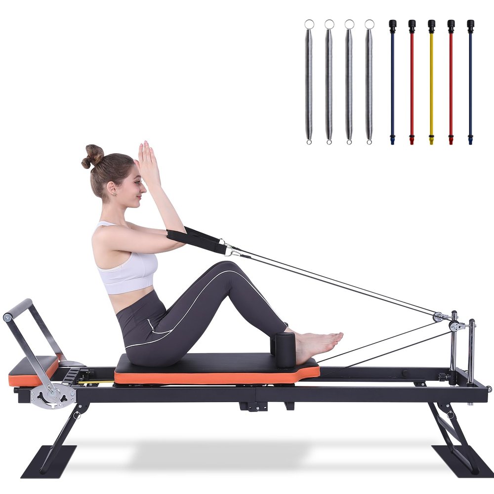 Ntoaujao Pilates Reformer, Foldable Pilates Machine for Home Gym Workout with 4 Springs & 5 Cords, fit for Beginners & Advanced Users, Up to 300 LBS (Basic)