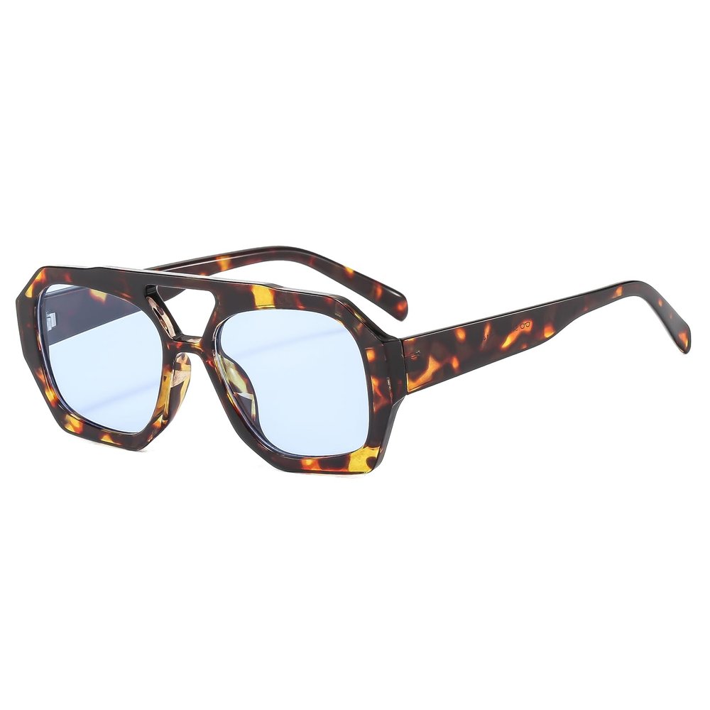 LJCZKA Retro Square Sunglasses for Women Men Trendy Hexagonal Thick Frame Double Bridge Sun Glasses Vintage Shades (LeopardBlue)