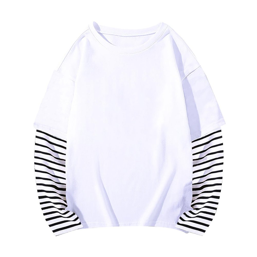 Boys Girls Spring Fall Long Sleeve Cotton False Two PC Striped Top T Shirt Girls Button down Shirt (White, 4-5 Years)