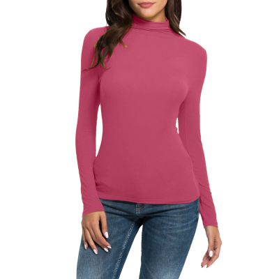 NineFit Basics Women Turtleneck Long Sleeve Shirts Fall Fashion Solid Color Tops Basic Layering Slim Fit Soft Thermal Underwear Tops, Small, _A01hot Pink