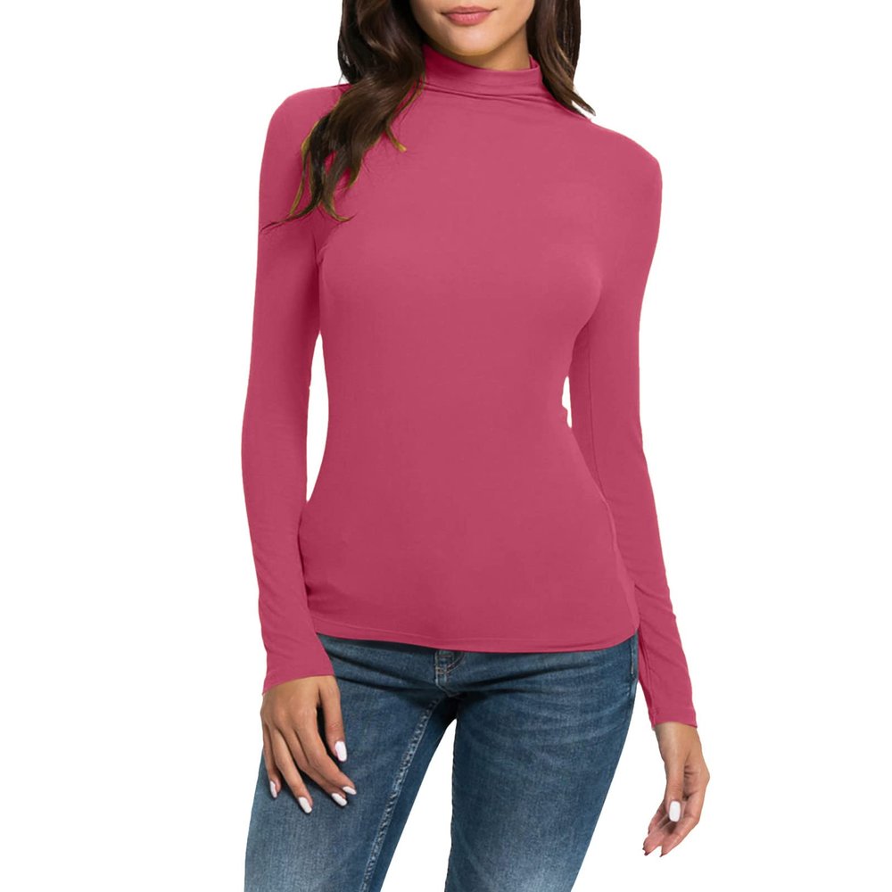 NineFit Basics Women Turtleneck Long Sleeve Shirts Fall Fashion Solid Color Tops Basic Layering Slim Fit Soft Thermal Underwear Tops, Small, _A01hot Pink