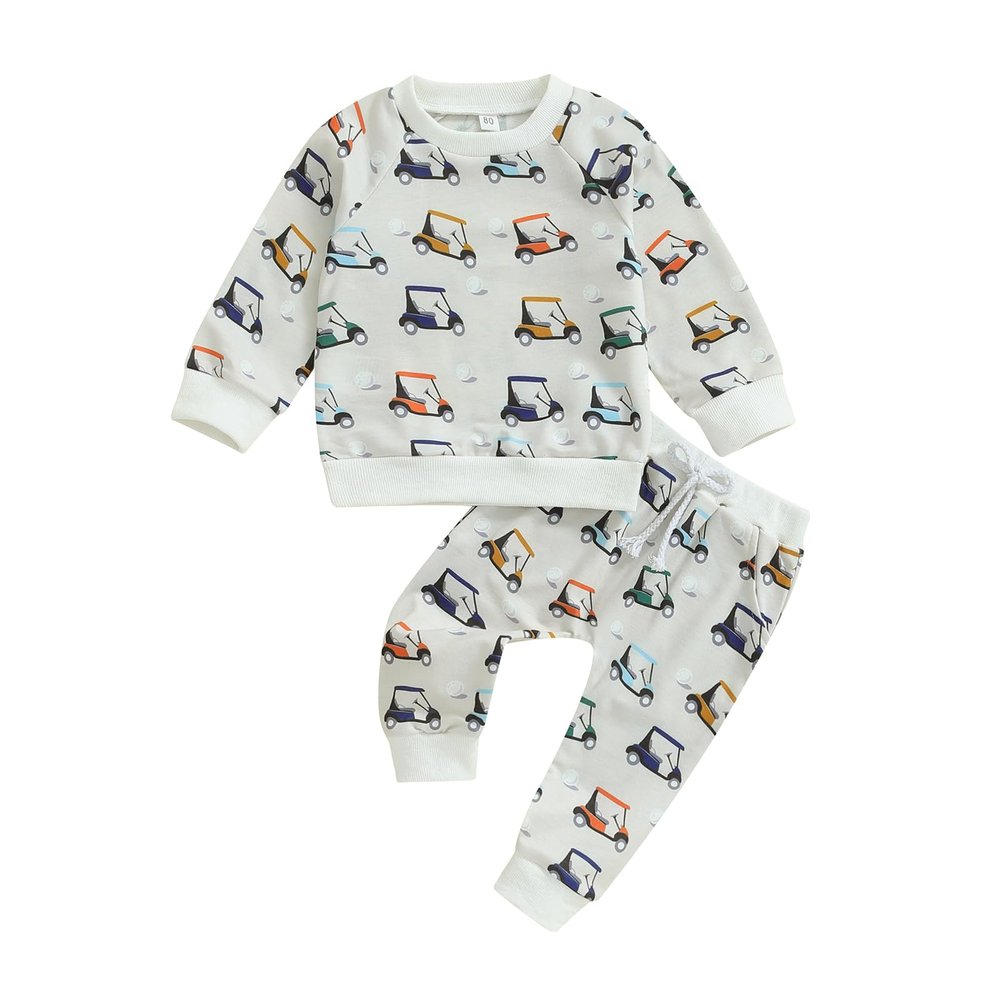 Honganda Toddler Baby Boy Golf Outfit Golf Cart Print Sweatshirt Matching with Jogger Pants 2Pcs Fall Winter Clothes (White, 12-18 Months)