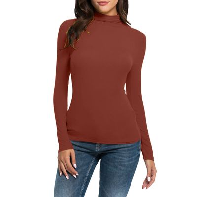 NineFit Basics Women Turtleneck Long Sleeve Shirts Fall Fashion Solid Color Tops Basic Layering Slim Fit Soft Thermal Underwear Tops, Medium, _A01red