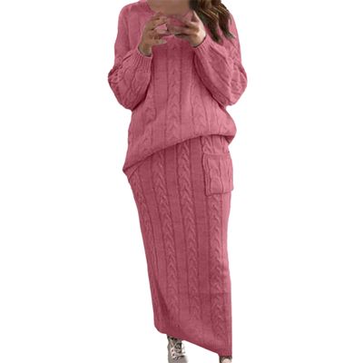 Womens 2 Piece Rib Knit Long Sleeve Skirt Sets Crop Top Maxi Bodycon Long Skirt Outfit Winter Cable Knit Sweater Set (X-Large,Pink 1)