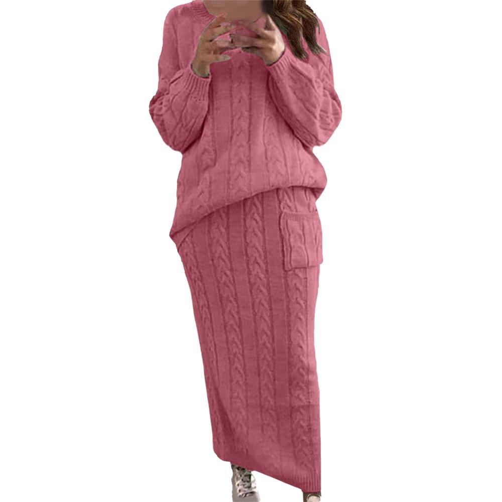 Womens 2 Piece Rib Knit Long Sleeve Skirt Sets Crop Top Maxi Bodycon Long Skirt Outfit Winter Cable Knit Sweater Set (X-Large,Pink 1)