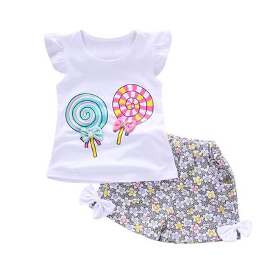AMIMOJY Sales Today Clearance Baby Girls Lollipop Summer Clothes Flying Sleeve Crewneck Tops Floral Prints Shorts Cotton Comfy Set 2Pcs Outfit Winter Outfits for Baby Girls White, 18-24Months