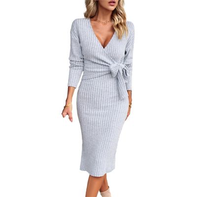 Women's 2024 V Neck Long Sleeve Dress Slim Fit Ribbed Knit Tie Waist Sweater Dress Elegant Bodycon Dresses with Belt (Large,Grey)
