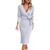 Women's 2024 V Neck Long Sleeve Dress Slim Fit Ribbed Knit Tie Waist Sweater Dress Elegant Bodycon Dresses with Belt (Large,Grey) view 1