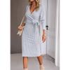 Women's 2024 V Neck Long Sleeve Dress Slim Fit Ribbed Knit Tie Waist Sweater Dress Elegant Bodycon Dresses with Belt (Large,Grey) view 3