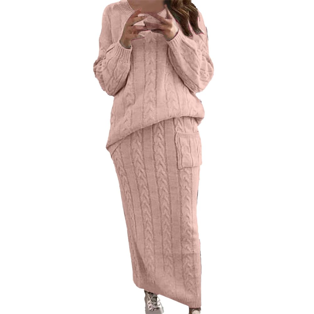 Generic Womens 2 Piece Rib Knit Long Sleeve Skirt Sets Crop Top Maxi Bodycon Long Skirt Outfit Winter Cable Knit Sweater Set (X-Large,Pink 2)