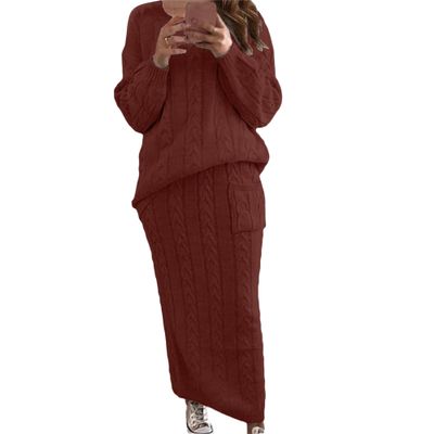 Womens 2 Piece Rib Knit Long Sleeve Skirt Sets Crop Top Maxi Bodycon Long Skirt Outfit Winter Cable Knit Sweater Set (X-Large,Red)