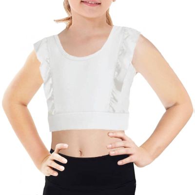 Girls Training Bra Cute Ruffle Sports Bra for Kids Scoop Neckline Fitness Yoga Bra Strap Crop Top White