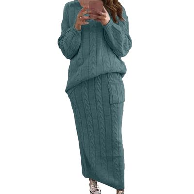 Generic Womens 2 Piece Rib Knit Long Sleeve Skirt Sets Crop Top Maxi Bodycon Long Skirt Outfit Winter Cable Knit Sweater Set (3X-Large,Green)