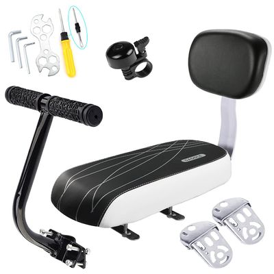 CenterZ Bike Child Rear Seat Cushion with Safety Backrest + Backseat Armrest Handrail + Foldable Hidden Bicycle Footrests + Handlebar Bell (Universal Cycling Kit with Install Repair Tools Set), White