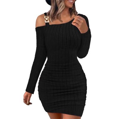 Women Long Sleeve Knit Bodycon Midi Dress Solid Color Jumper Sweaters Cold Shoulder Strap Ribbed Sexy Slim Dress (XX-Large,Black)