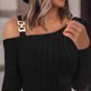 Women Long Sleeve Knit Bodycon Midi Dress Solid Color Jumper Sweaters Cold Shoulder Strap Ribbed Sexy Slim Dress (XX-Large,Black) view 2
