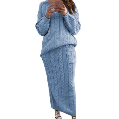 Womens 2 Piece Rib Knit Long Sleeve Skirt Sets Crop Top Maxi Bodycon Long Skirt Outfit Winter Cable Knit Sweater Set (4X-Large,Blue 1)