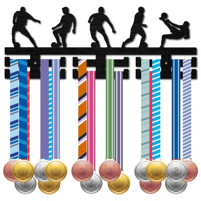 CREATCABIN Football Medal Hanger Display Soccer Medal Holder Rack Frame for Sports Hanging Wooden Wall Mount Shelf Frame Decor Black Medal Hangers with 12hooks for Ribbon Runner Marathon 15.7 x 6Inch