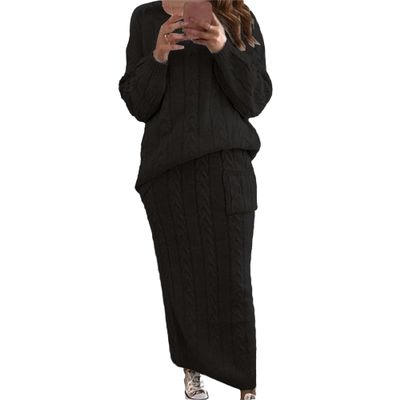 Womens 2 Piece Rib Knit Long Sleeve Skirt Sets Crop Top Maxi Bodycon Long Skirt Outfit Winter Cable Knit Sweater Set (4X-Large,Black)