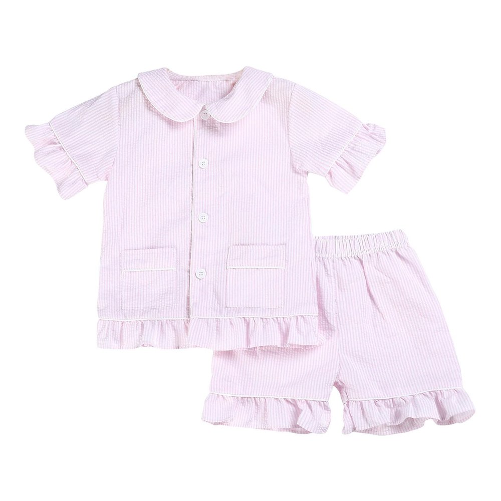 Baby Toddler Girls Cotton Summer ajamas Set Ruffle Sleeve Button-Down Top and Ruffle Shorts Newborn (Pink, 12 Months)