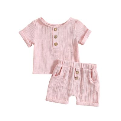 Baby Boy Girl Cotton Linen Clothes Solid Color Short Sleeve Tops Shorts Set 2Pcs Toddler Summer (Red, 6-12 Months)