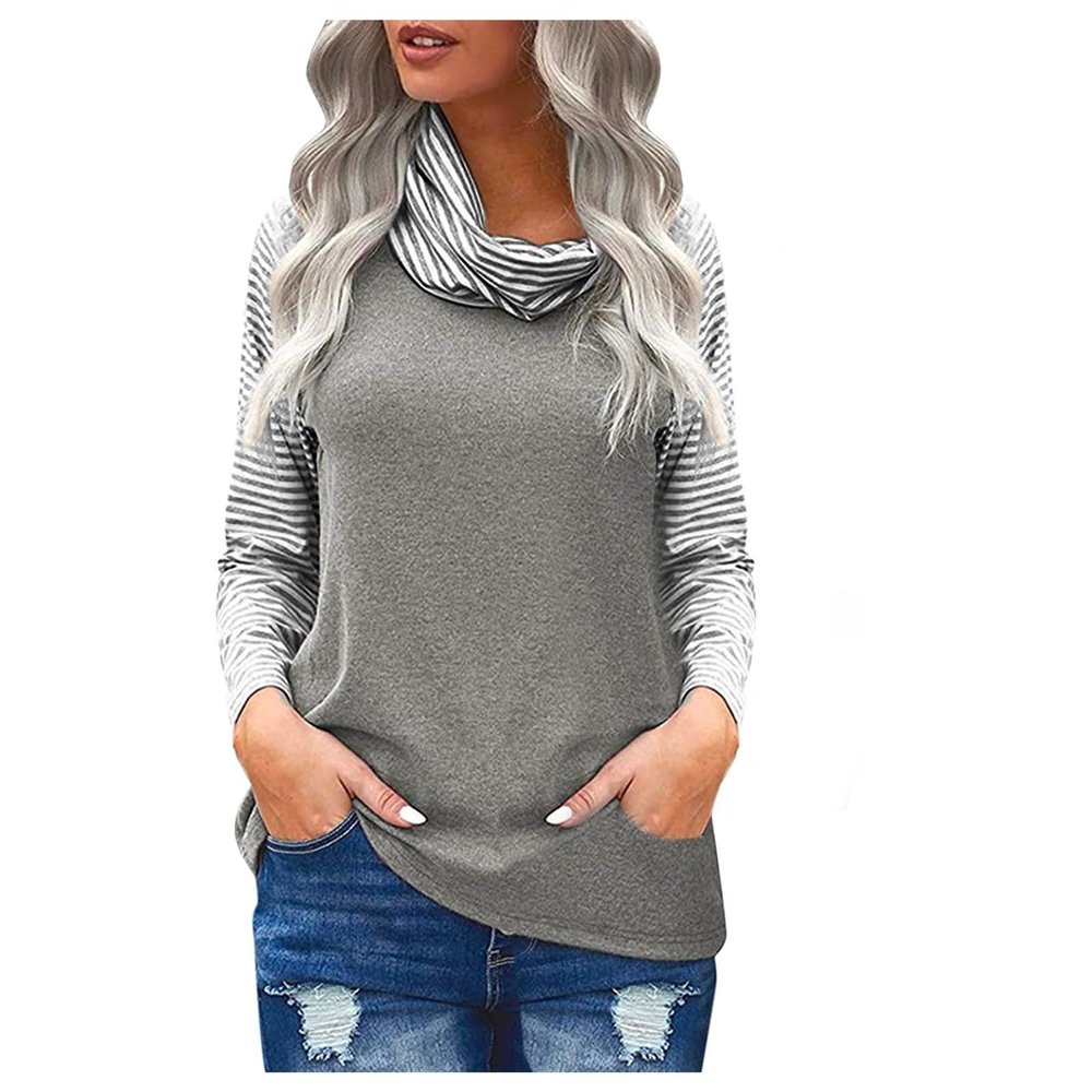 GOKKILRW Womens Sweatshirts Fall Lightweight Striped Mock Neck Long Sleeve Sweat Shirts Stretchy Comfy Casual Pullover Tops Business Office Work Blouses Grey