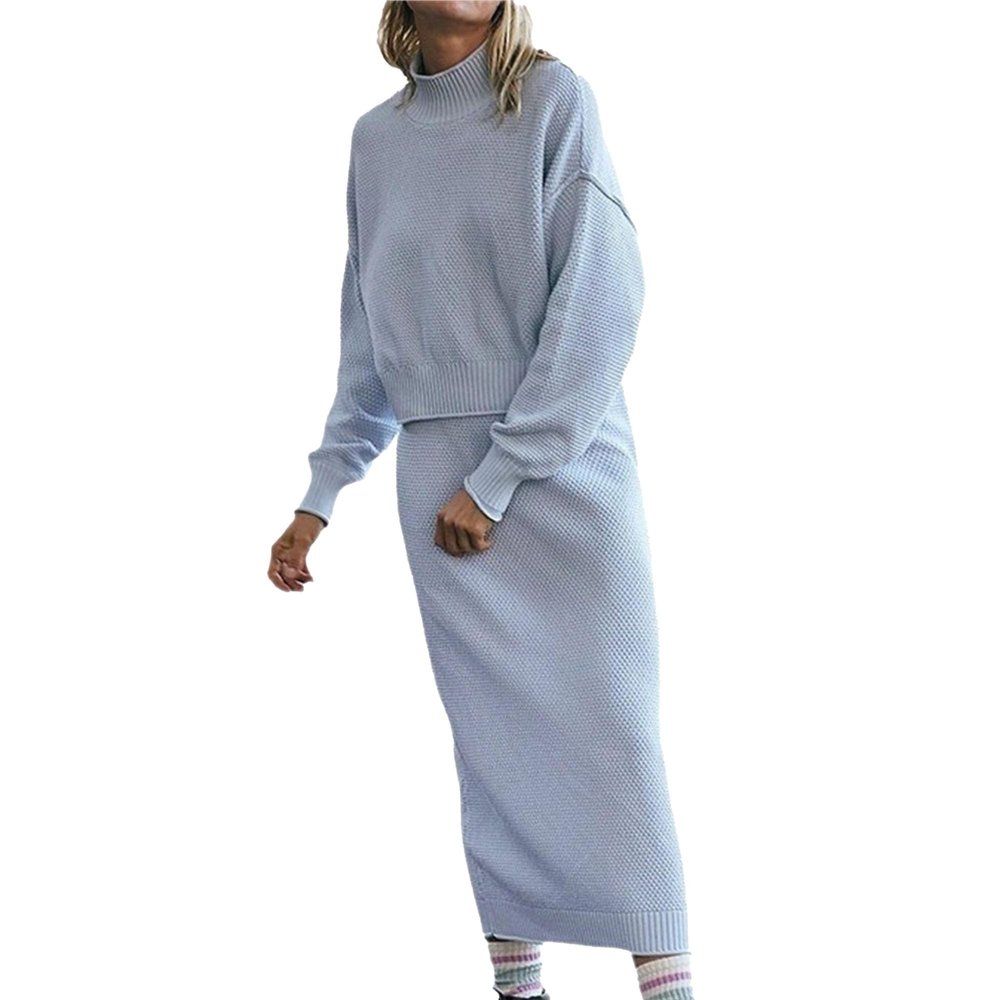 Women's Turtleneck 2 Piece Outfits Winter Long Sleeve Crop Top Bodycon Skirt Ribbed Knit Sweater Midi Pencil Skirt Set (Large,Light Blue)