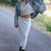 Women's Turtleneck 2 Piece Outfits Winter Long Sleeve Crop Top Bodycon Skirt Ribbed Knit Sweater Midi Pencil Skirt Set (Large,Light Blue) view 2