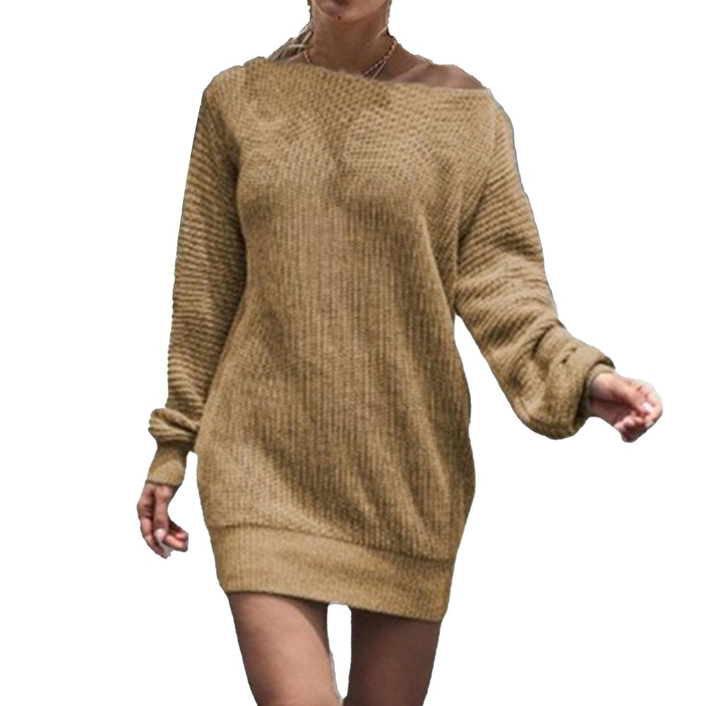 Women's Baggy Sweater Dresses Winter Off Shoulder Lantern Sleeve Casual Knit Dress Oversized Pullover Jumper Sweater (4X-Large,Khaki)