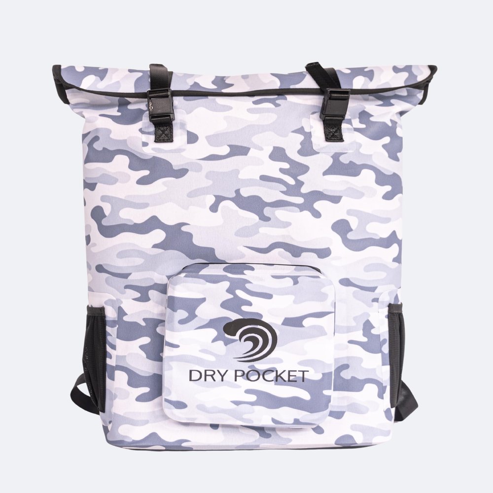 Dry Pocket Magnaguard Auto-Sealing Waterproof Backpack Cooler, 22-Can Capacity, Floating, Durable TPU Shell, IPX8 Rated, Keeps Ice for 24+ Hours (Snow Camo)