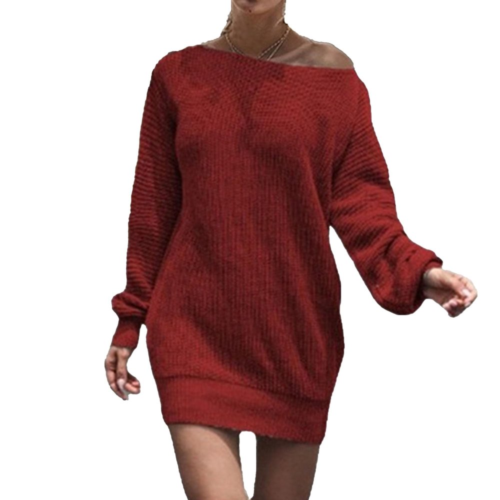Women's Baggy Sweater Dresses Winter Off Shoulder Lantern Sleeve Casual Knit Dress Oversized Pullover Jumper Sweater (XX-Large,Red)