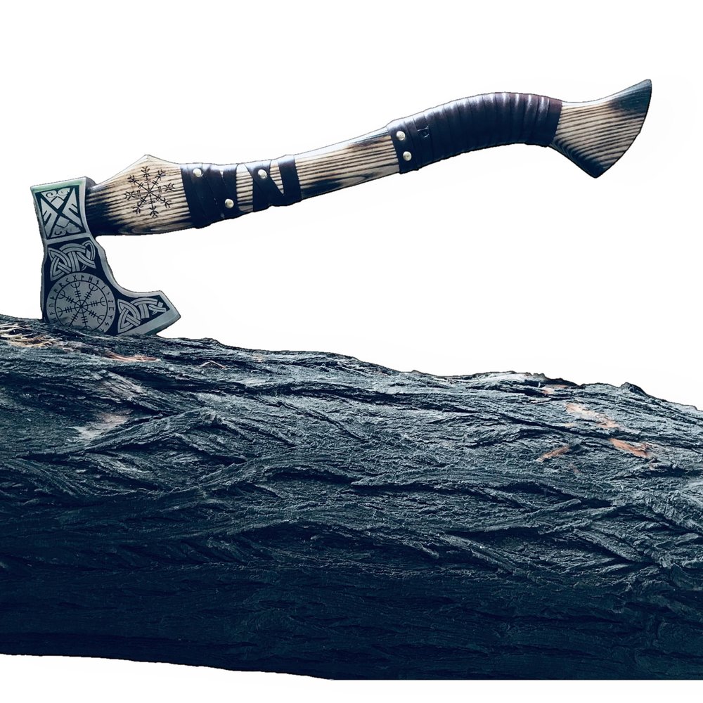 [DARK WARRIOR] Handmade Forged Carbon Steel Aegishjalmr Viking Axe with Sheath - Traditional Norse Bearded Axe Hatchet - 'Helm of Awe' Symbol Hand Craved Solid Handle (Aegishjalmr Viking Axe 22")
