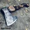[DARK WARRIOR] Handmade Forged Carbon Steel Aegishjalmr Viking Axe with Sheath - Traditional Norse Bearded Axe Hatchet - 'Helm of Awe' Symbol Hand Craved Solid Handle (Aegishjalmr Viking Axe 22") view 3