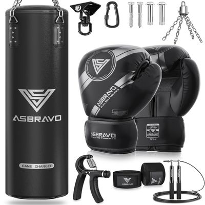 ASBRAVO Punching Bag for Adults, 4ft PU Heavy Boxing Bag Set 12OZ Gloves for MMA Muay Thai Kickboxing Training Home Gym, Martial Art (Unfilled)-Black