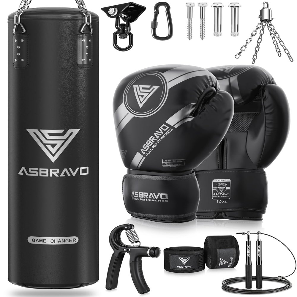 ASBRAVO Punching Bag for Adults, 4ft PU Heavy Boxing Bag Set 12OZ Gloves for MMA Muay Thai Kickboxing Training Home Gym, Martial Art (Unfilled)-Black