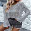 Allimy Womens Fashion Long Sleeve Hollow Out Crochet Crewneck Pointelle Knitted Top Blouses Pullovers Light Grey XL view 3
