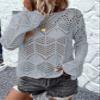 Allimy Womens Fashion Long Sleeve Hollow Out Crochet Crewneck Pointelle Knitted Top Blouses Pullovers Light Grey XL view 4