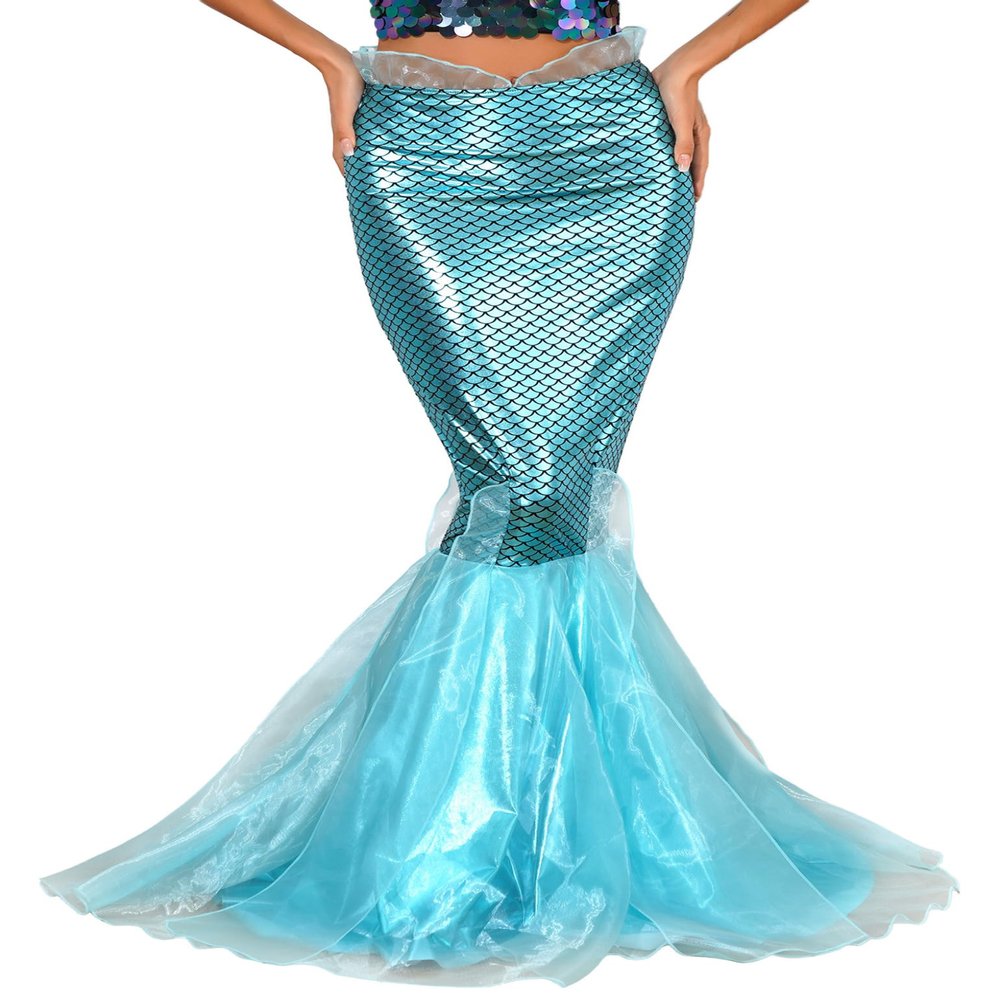 Moggemol Women Halloween Mermaid Costume Cascading Tulle Fishtail Maxi Skirt Party Princess Mermaid Tail Dress Up Blue Small