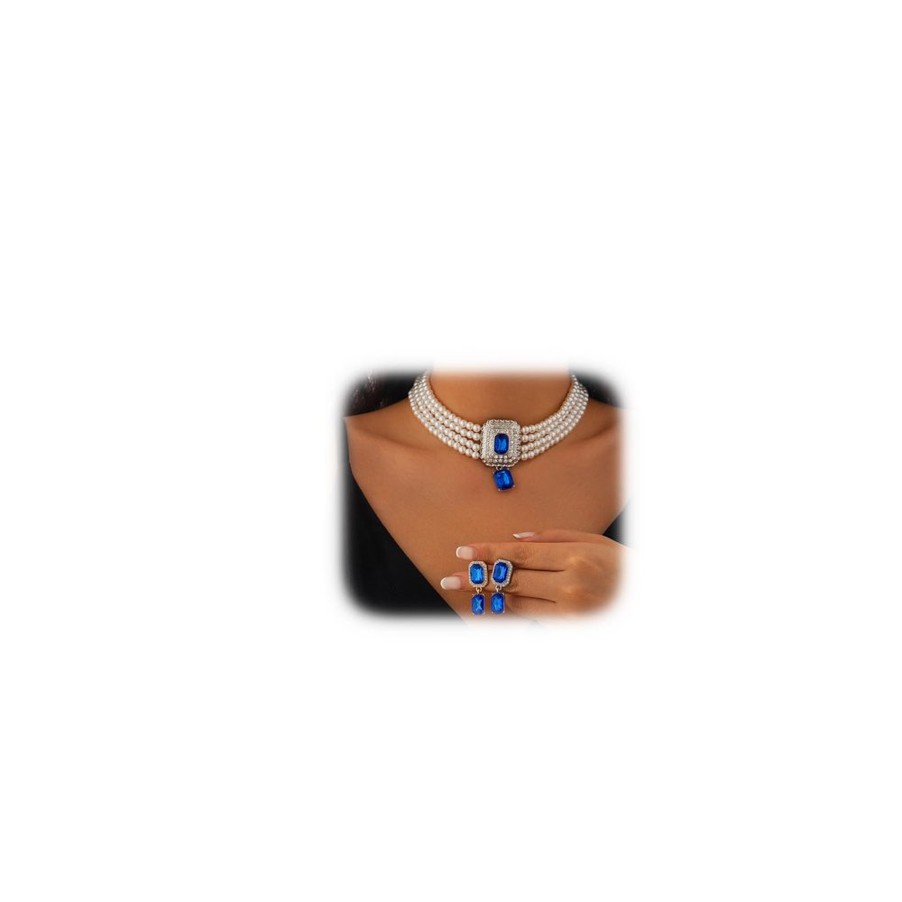Bridal Wedding Crystal Pearl Necklace Earrings Set Bridal Multilayered Pearl Collar Necklace Rhinestone Statement Clavicle Necklace Earring Jewelry for Women (Blue-silver)