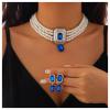 Bridal Wedding Crystal Pearl Necklace Earrings Set Bridal Multilayered Pearl Collar Necklace Rhinestone Statement Clavicle Necklace Earring Jewelry for Women (Blue-silver) view 2