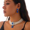 Bridal Wedding Crystal Pearl Necklace Earrings Set Bridal Multilayered Pearl Collar Necklace Rhinestone Statement Clavicle Necklace Earring Jewelry for Women (Blue-silver) view 3
