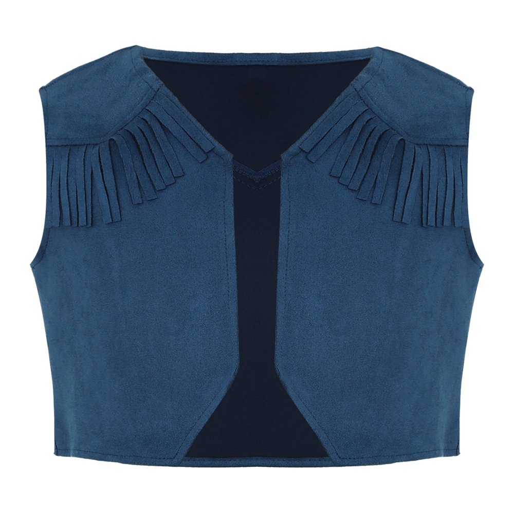 Hedmy Boys Girls Western Cowboy Dress Up Halloween Party Vest Sleeveless Hem Fringe Tassel Waistcoat Navy Blue 14 Years