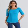 Allegra K Women's Half Sleeves Scoop Neck Fitted Layering Top Soft T-Shirt X-Small Lake Blue view 3