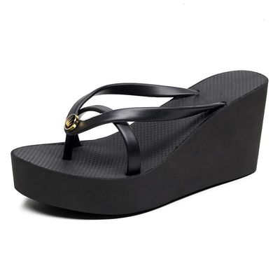 YEGBFLFF Women Wedge Flip Flops Sandals Summer Waterproof Platform Bohemian Shoes Open Toe Slip On Summer Beach Casual Tong Sandal (Black,5)