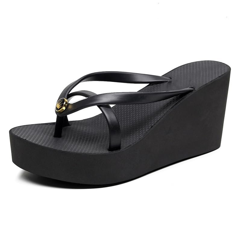 YEGBFLFF Women Wedge Flip Flops Sandals Summer Waterproof Platform Bohemian Shoes Open Toe Slip On Summer Beach Casual Tong Sandal (Black,5)