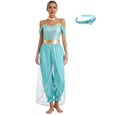 LiiYii Women's 3Pcs Arabian Princess Costume Halloween Jumpsuits with Shiny Choker Collar and Headwear Turquoise 3X-Large