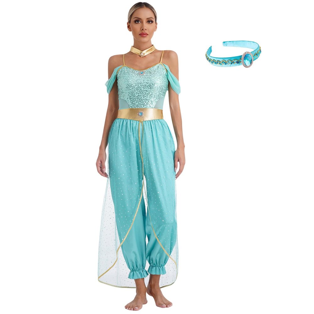LiiYii Women's 3Pcs Arabian Princess Costume Halloween Jumpsuits with Shiny Choker Collar and Headwear Turquoise 3X-Large
