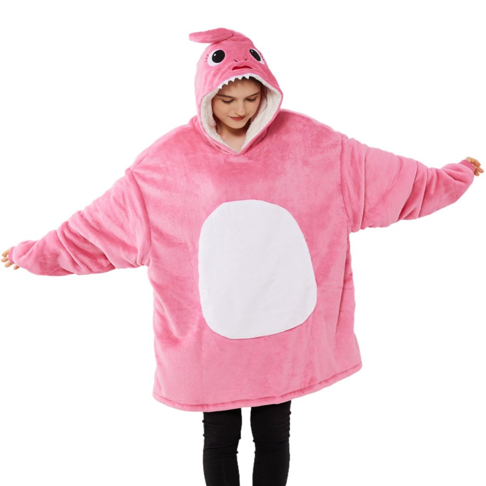 Markest Unisex Shark Hoodie Animal Cosplay Pullovers Oversized Flannel Sherpa Warm Comfy Loungewear Novelty Halloween Costume One Size Fits All Rose Red