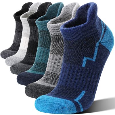 Welwoos Merino Wool Ankle Hiking Socks Thermal Warm Thick Winter Compression Support Running Cushion Athletic No Show Socks for Men Gifts Stocking Stuffers 6 Pairs(Deep Color Mixed,M)