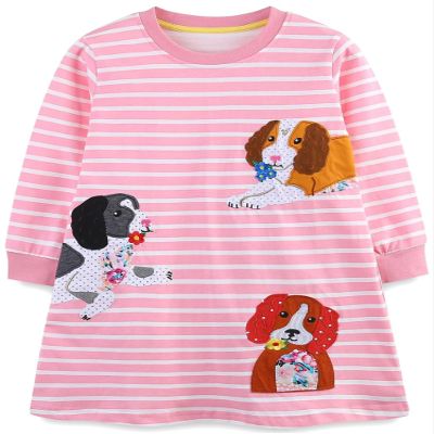 FreeLu Toddler Girls Cartoon Applique Dresses Striped Casual Dress Cotton Jersey Longsleeve T-Shirt (5T,Puppy Pink)